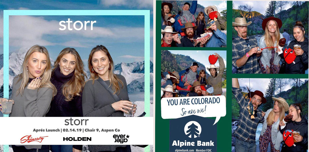 3 girls posing under storr logo, group of people in alpine bank photo booth