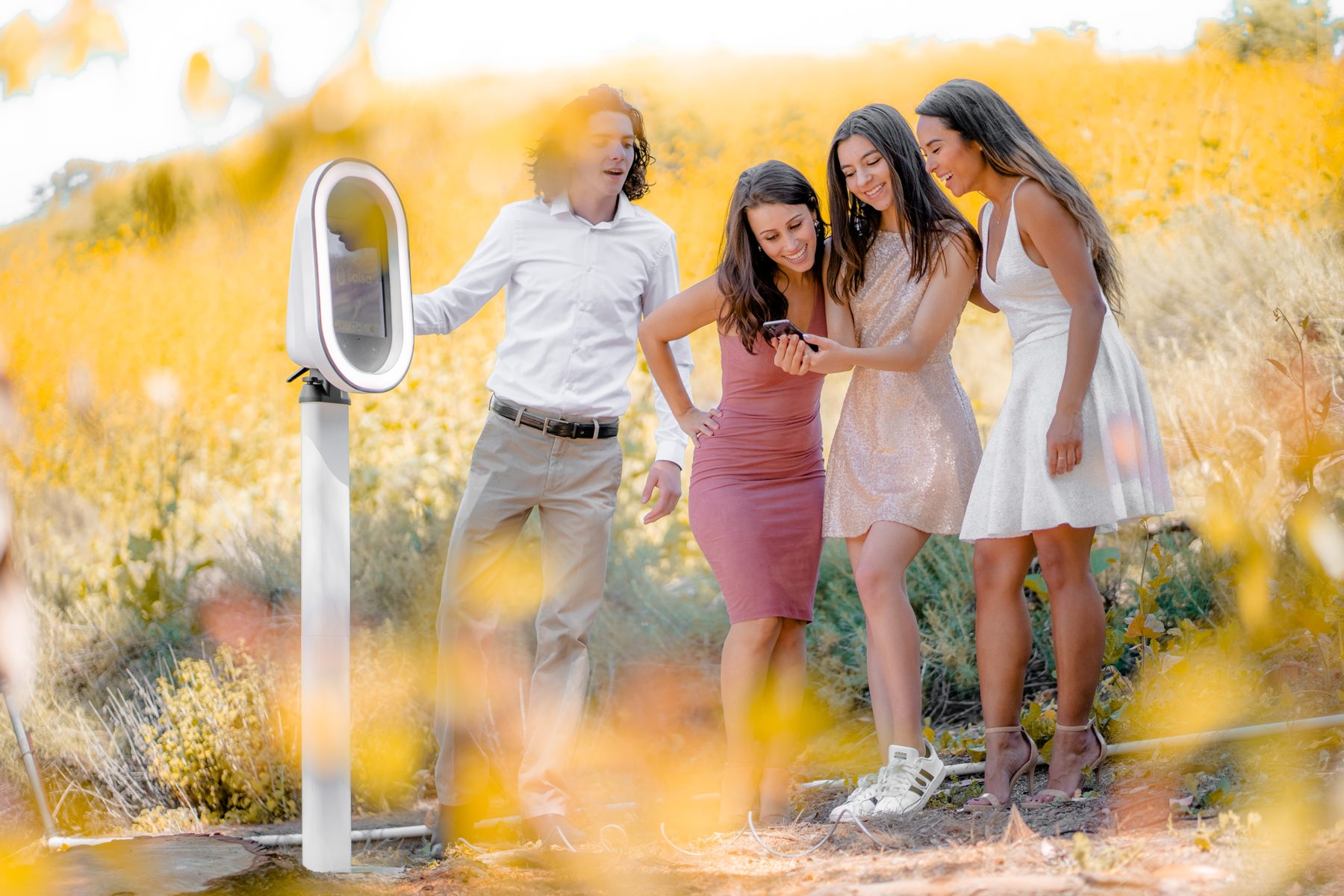 Battery-powered AIRi photo booth set up outdoors in a Colorado meadow with no power supply