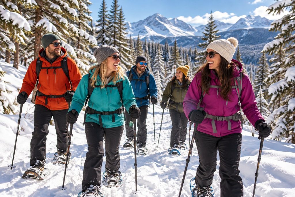 Coworkers laughing while snowshoeing through a snowy pine forest on a company retreat