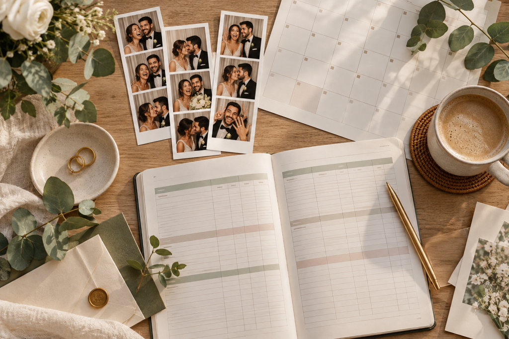 Photo booth cost in Colorado Wedding planning desk with photo booth strips, calendar and budget notebook