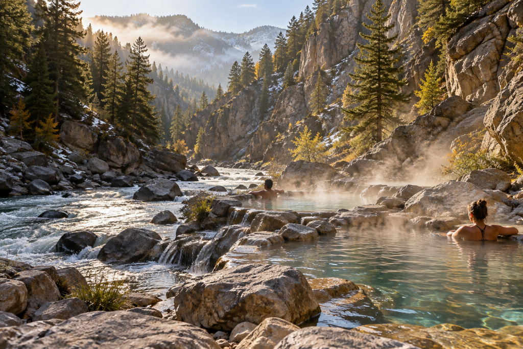 Relaxing hot springs day in Glenwood Springs Steaming natural hot springs pools along a canyon river in soft morning light