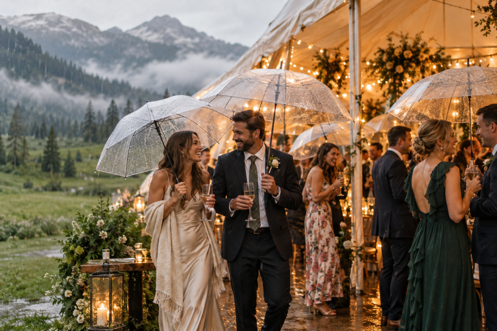 Smiling wedding guests with clear umbrellas under a white tent as rain falls on a mountain meadow
